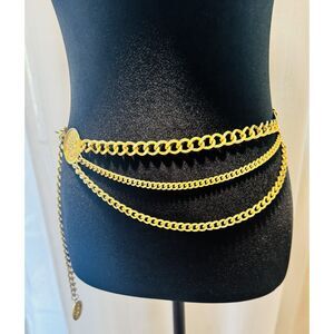 Vintage Gold Tone Triple Chain Belt Made in Korea Statement Waist Belt